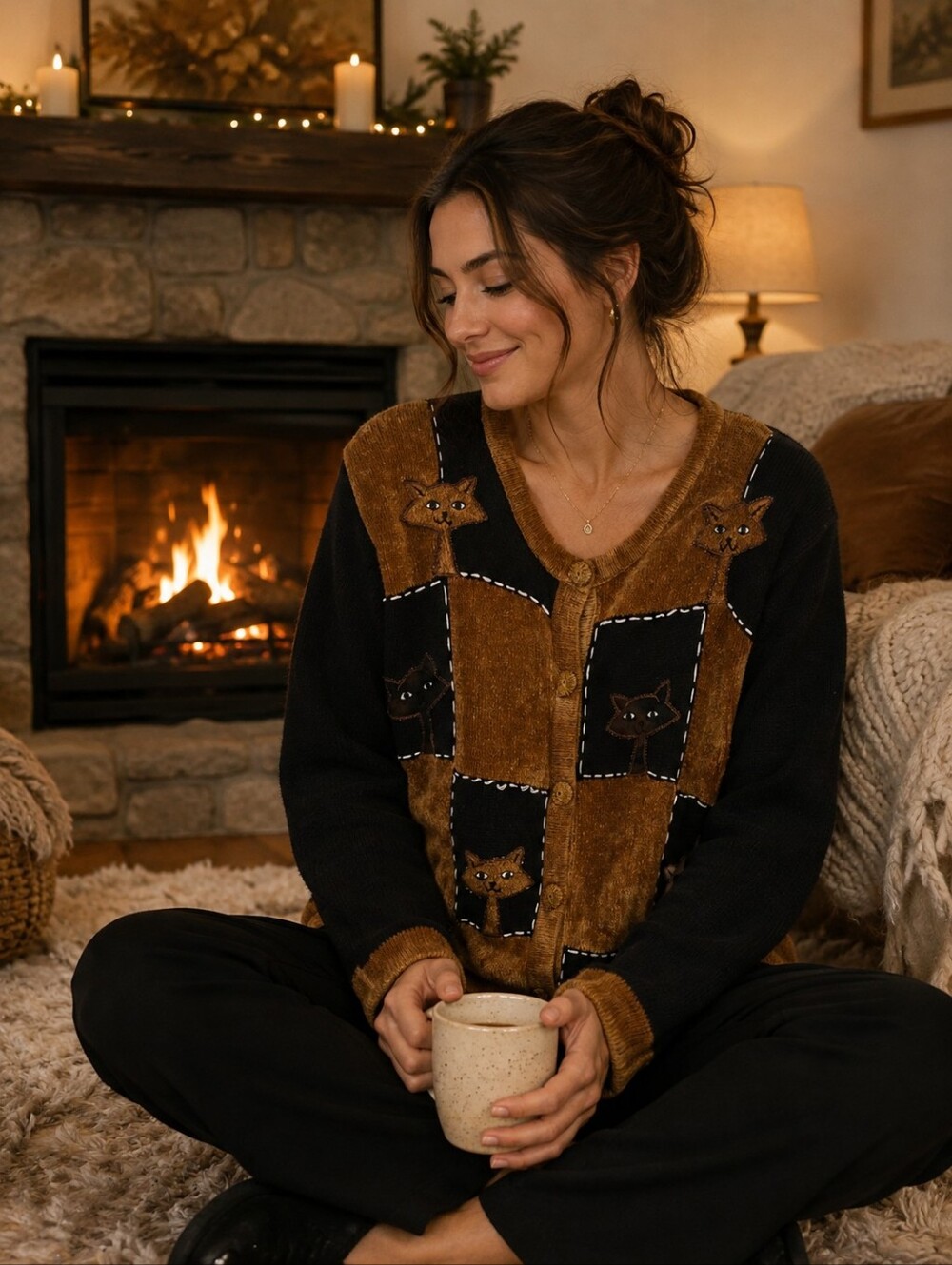 Victoria Harbor Brown/Black Cat Patchwork Knit Vintage 1990s Cardigan Size L
